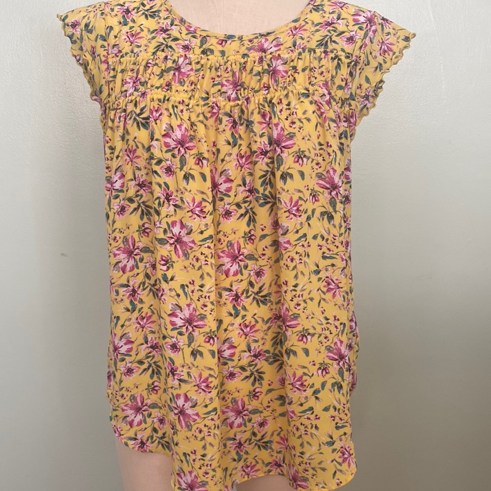 Yellow, teal & purple loose Zac & Rachel top with ruffled sleeves.